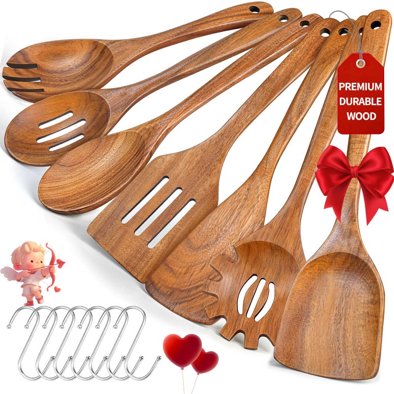 Herda Wooden Spoons for Cooking, 7 Piece Natural Teak Wooden Kitchen Utensil Set, Wooden Utensils for Cooking with Long & Comfort Grip, Cooking Utensils Set Perfect for Non-Stick Cookware - Image 1