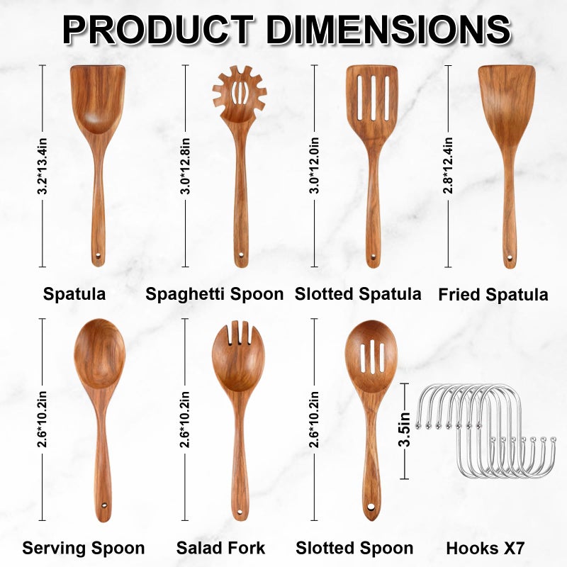 Herda Wooden Spoons for Cooking, 7 Piece Natural Teak Wooden Kitchen Utensil Set, Wooden Utensils for Cooking with Long & Comfort Grip, Cooking Utensils Set Perfect for Non-Stick Cookware - Image 2
