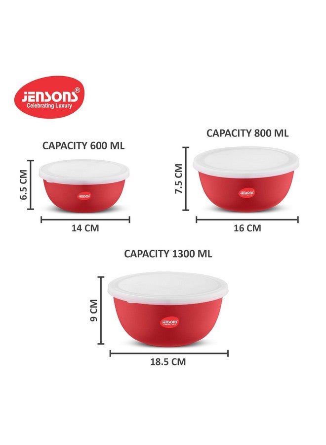 JENSONS Microwave Safe Bowl | Serving Bowl with Lid, Mixing Bowl, Oven Bowl Set Microwave, Flora Stainless Steel Bowl Set of 3 with 600ml, 800ml, 1300ml-Red - Image 3