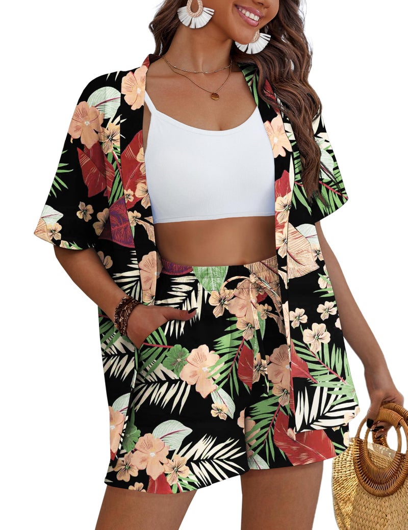 REDHOTYPE Women's 2 Piece Outfits Kimono Style Tropical Print Cover Ups Half Sleeve Blouse Shorts Set Summer Beachwear,Black Tropic 01,M - Image 1