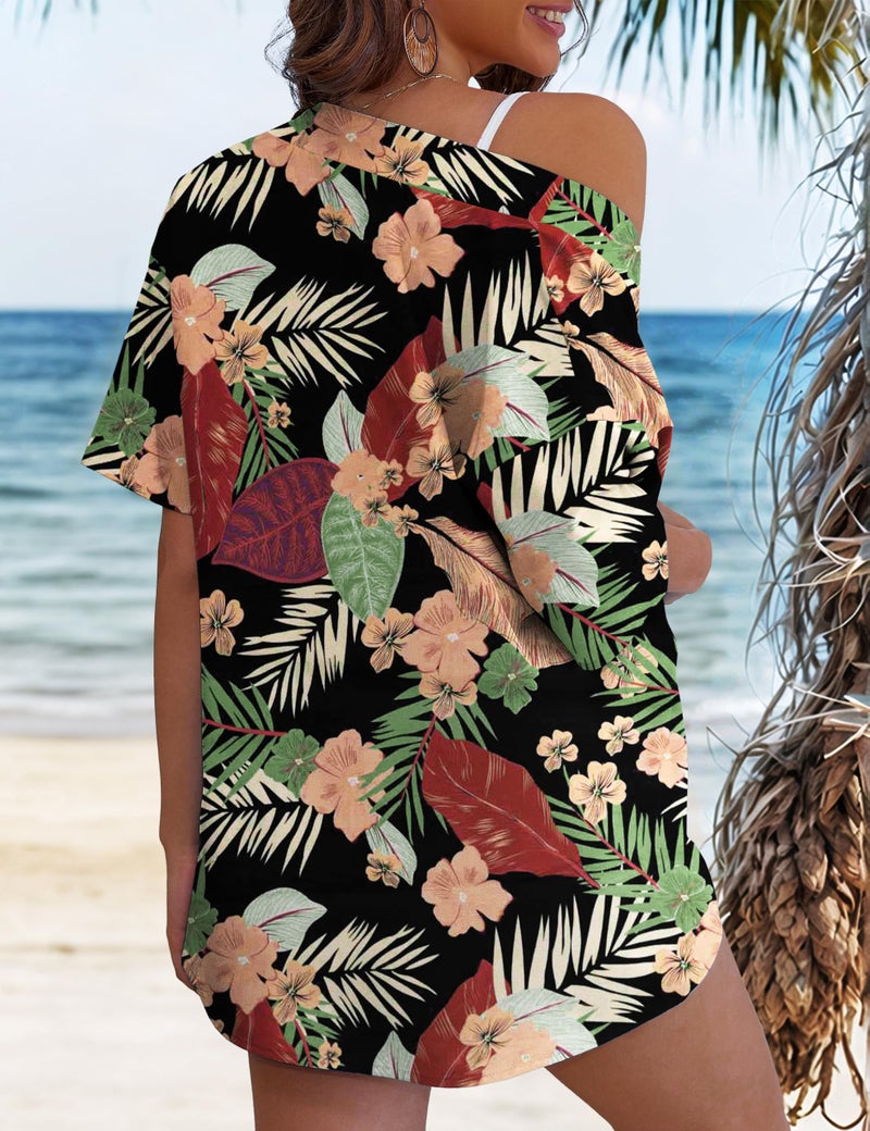 REDHOTYPE Women's 2 Piece Outfits Kimono Style Tropical Print Cover Ups Half Sleeve Blouse Shorts Set Summer Beachwear,Black Tropic 01,M - Image 4