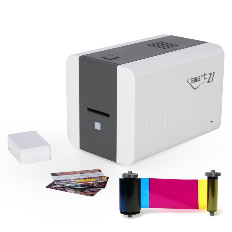 IDP IDP IDP SMART-21S ID Card Simplex Printer Kit with PC Only Software, 100 Print YMCKO Color Ribbon, and 100 PVC Plastic Cards - Image 1