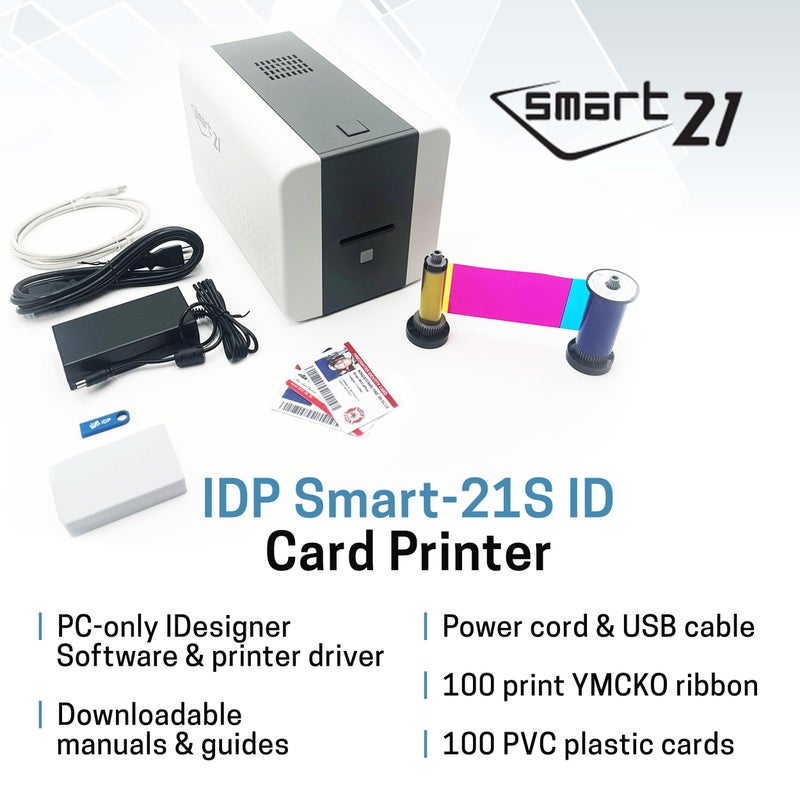 IDP IDP IDP SMART-21S ID Card Simplex Printer Kit with PC Only Software, 100 Print YMCKO Color Ribbon, and 100 PVC Plastic Cards - Image 2