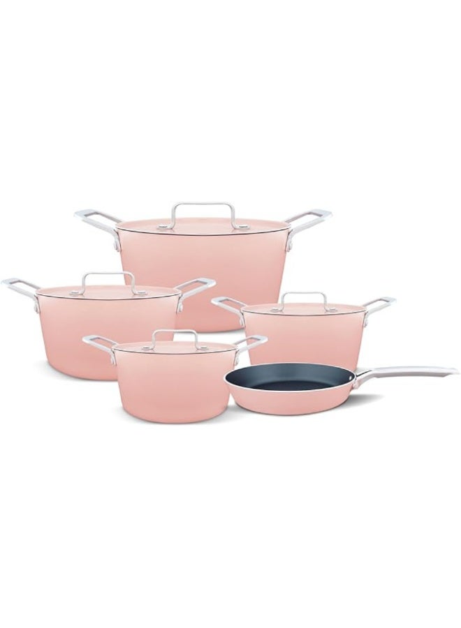 Trueval Diamond 9-Piece Non-Stick Cookware Set – Pots 18cm/20cm/24cm/28cm + 26cm Frying Pan – TeflonCoating – Hollow Stainless Steel Handles – Pink