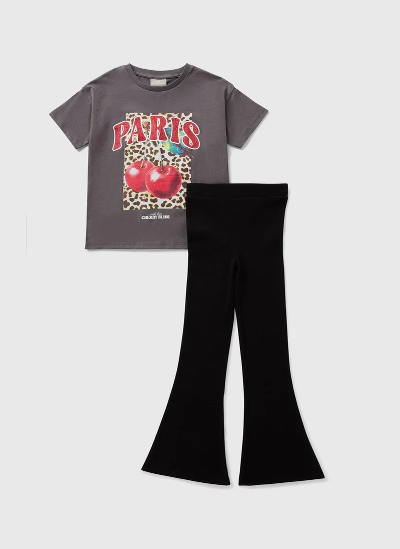 Matalan Girls Charcoal Cherry T-Shirt & Legging Set