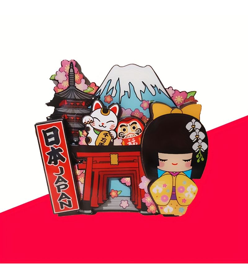 Japanese Theme Red Kimono Girl Wooden 3D Fridge Magnet Japan Travel Souvenir Gift - Image 1