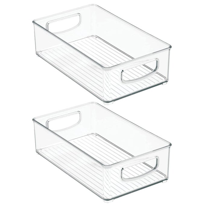 STACKABLE ACRYLIC FRIDGE ORGANIZER STURDY PANTRY AND REFRIGERATOR STORAGE CONTAINERS BINS WITH HANDLES LARGE PACK OF 02 FOR BATHROOM KITCHEN CABINET PANTRY HOME ORGANIZATION