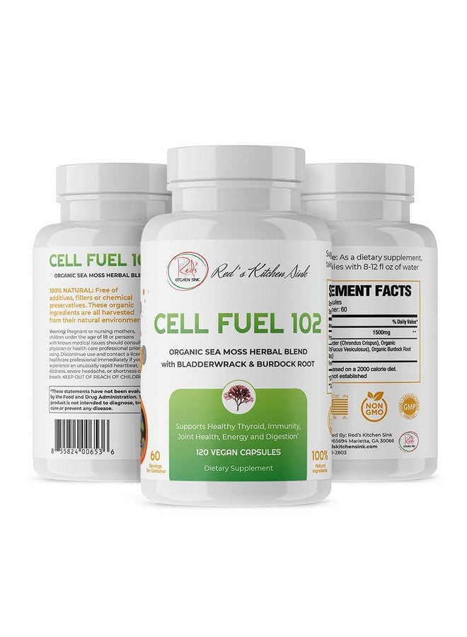 Red's Kitchen Sink Cell Fuel 102 Sea Moss Capsules | Made with Irish Sea Moss Bladderwrack and Burdock Root | Organic Sea Moss | 120 Seamoss Pills per Jar - 60 Servings / 2 Month Supply - Image 2