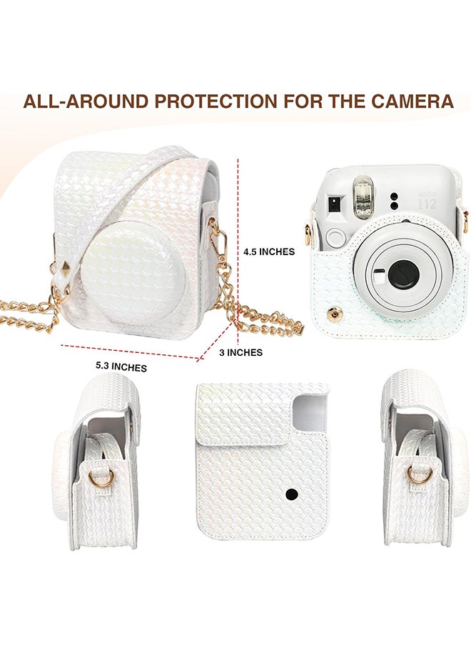 O Ozone Camera Case for Fujifilm Instax Mini 12 Instant Camera, PU Leather Glitter Woven Camera Bag with Shoulder Strap & 64 Pockets Mini Photo Album- White  - Image 3