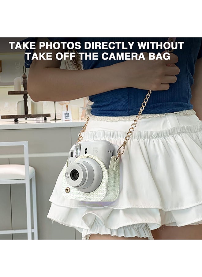 O Ozone Camera Case for Fujifilm Instax Mini 12 Instant Camera, PU Leather Glitter Woven Camera Bag with Shoulder Strap & 64 Pockets Mini Photo Album- White  - Image 5