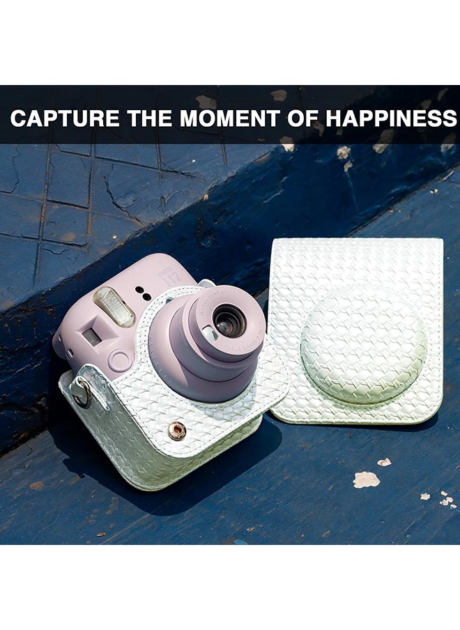 O Ozone - Camera Case for Fujifilm Instax Mini 12 Instant Camera, PU Leather Glitter Woven Camera Bag with Shoulder Strap & 64 Pockets Mini Photo Album- White - Image 1