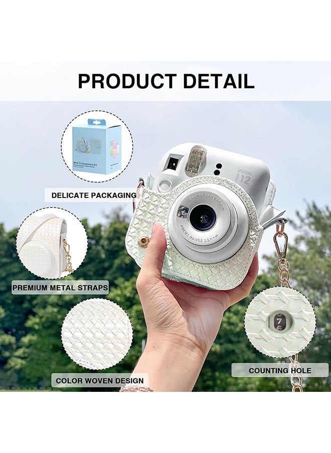 O Ozone Camera Case for Fujifilm Instax Mini 12 Instant Camera, PU Leather Glitter Woven Camera Bag with Shoulder Strap & 64 Pockets Mini Photo Album- White  - Image 2