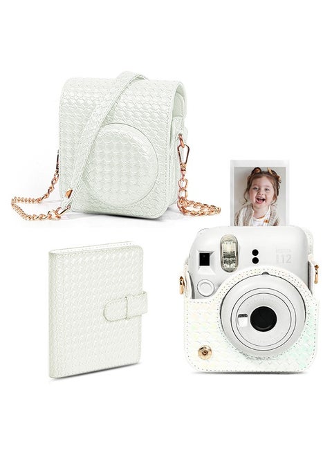 Camera Case for Fujifilm Instax Mini 12 Instant Camera, PU Leather Glitter Woven Camera Bag with Shoulder Strap & 64 Pockets Mini Photo Album- White