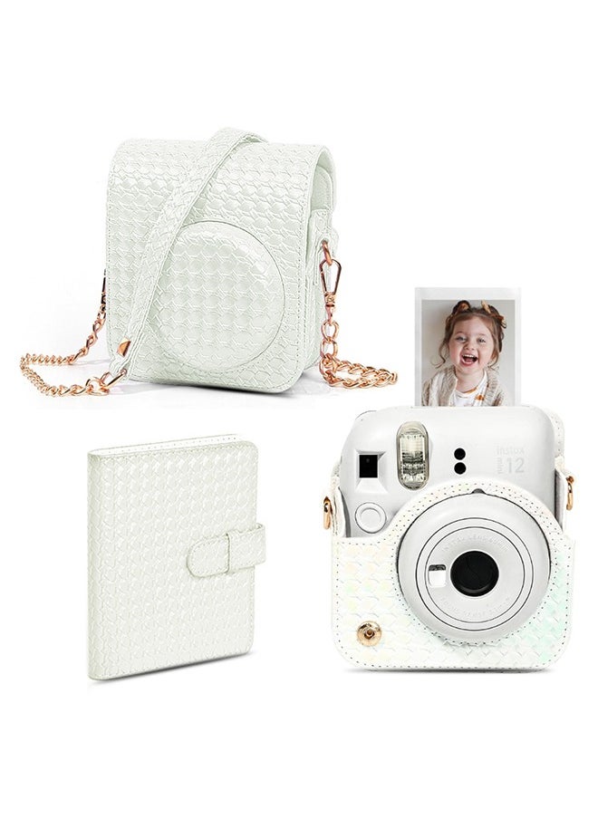 O Ozone Camera Case for Fujifilm Instax Mini 12 Instant Camera, PU Leather Glitter Woven Camera Bag with Shoulder Strap & 64 Pockets Mini Photo Album- White  - Image 1