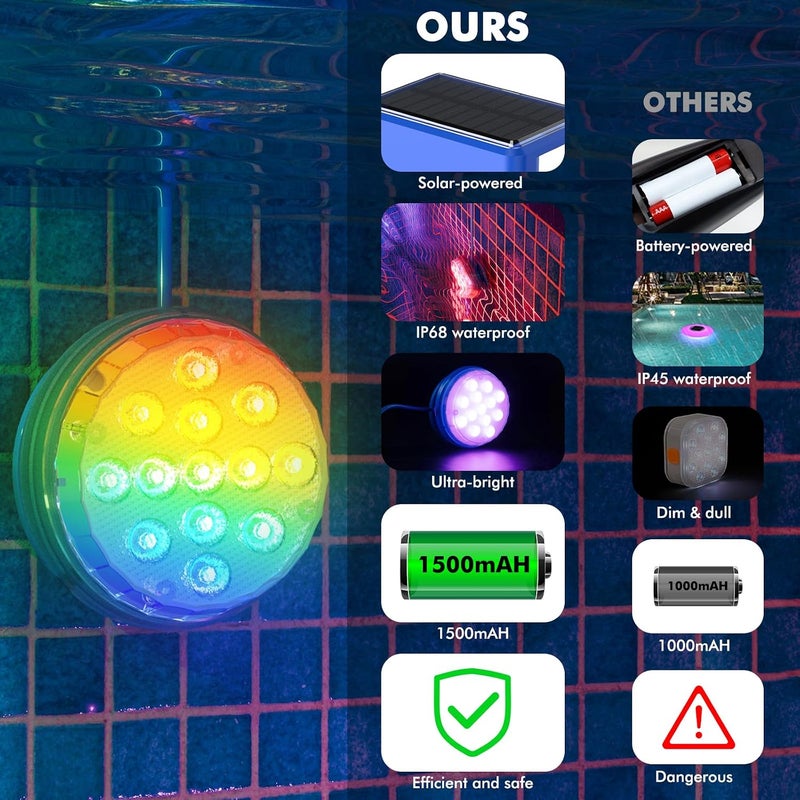 Solar Underwater Pool Lights IP68 Waterproof LED Pond Light RGB Color Changing - Image 4