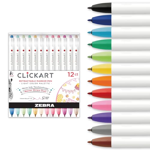 Zebra Pen قلم زيبرا بن CLiCKART القابل للسحب، ألوان حبر خفيفة متنوعة، 0.6 مم نقطة دقيقة، يمتص الرطوبة لمنع الجفاف، مستلزمات مدرسية ومستلزمات المعلمين، عبوة 12 قلم (69712) - Image 1