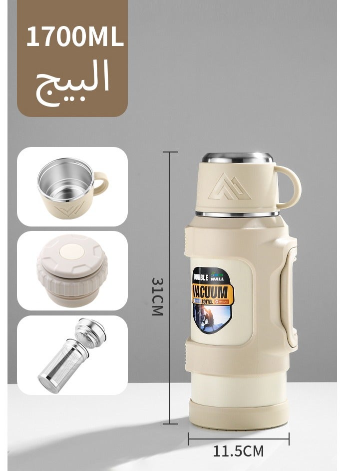 SIRO A Medium-Capacity 1700ml Gray-White Thermos Bottle It Has An Inner Tank Made Of SUS316 Stainless Steel And Features Heat And Cold Retention Capabilities. This Thermos Bottle Is Equipped With A Separate Tea Compartment, Which Can Be Used To Brew Tea, Make Coffee, And Prepare Various Other Ingredient-Based Drinks. It Is Designed With Foldable Double Handles—Compared With A Single-Handle Design, It Offers A More Comfortable Grip. Suitable For Multiple Scenarios Such As Outdoor Activities, Travel, In-Car Use, Fishing, Home Use, And Construction Sites, It Can Also Serve As A Hot Water Storage Container - Image 1