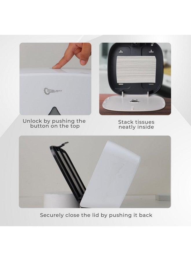 Robustt Wall-Mounted V/N/M Fold Paper Hand Towel Dispenser - White (with Adhesive Hooks) | Large Capacity | Durable ABS Material | Water-Resistant | Push Button Lock (Pack of 2) - Image 4