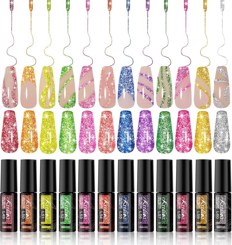 Kredioo Reflective Nail Art Gel Liner 12 PCS Glitter Red Silver Golden Green Pink Set DIY Salon Nail Art Kit Built Thin Brush Pens for Painted Swirl Nails