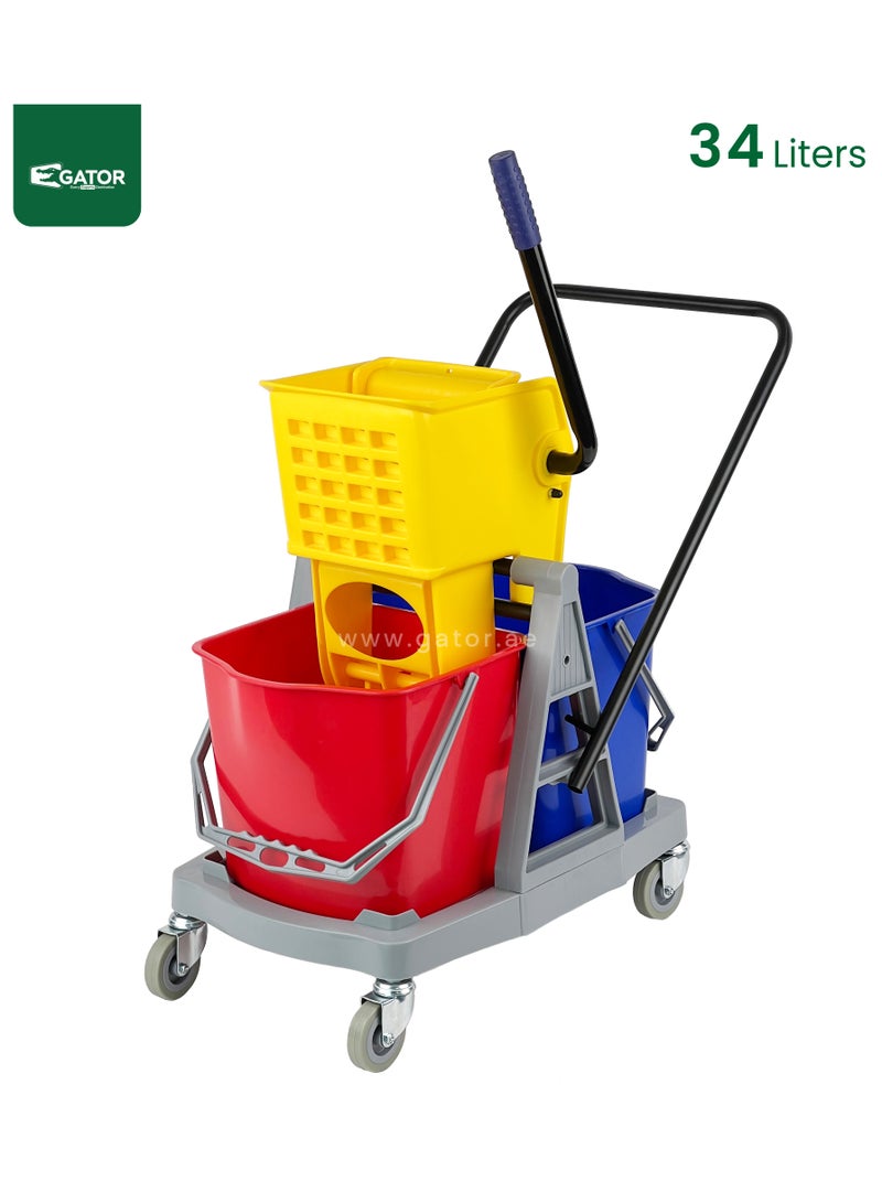 جاتور عربة ممسحة ذات دلوين، عجانة جانبية، عجلات دوارة بزاوية 360 درجة، سعة 17 لتر + 17 لتر للاستخدام الثقيل. - Image 1