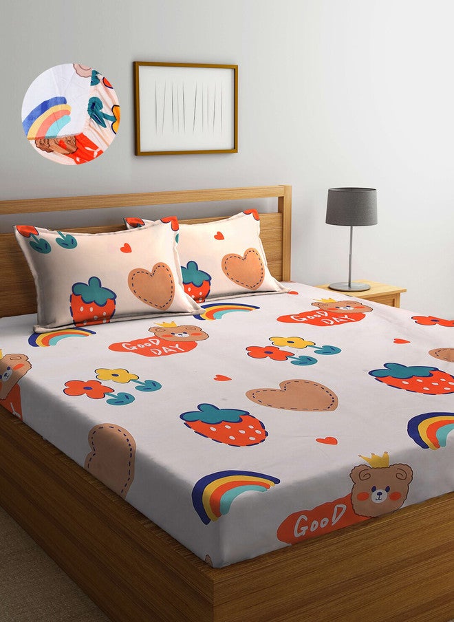 Arrabi Orange Conversational Cotton 300 TC Fitted King Bedsheet with 2 Pillow Covers - Image 1