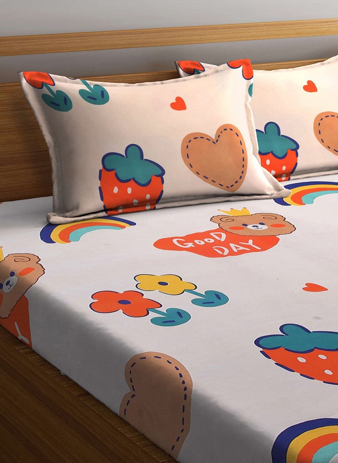 Arrabi Orange Conversational Cotton 300 TC Fitted King Bedsheet with 2 Pillow Covers - Image 3