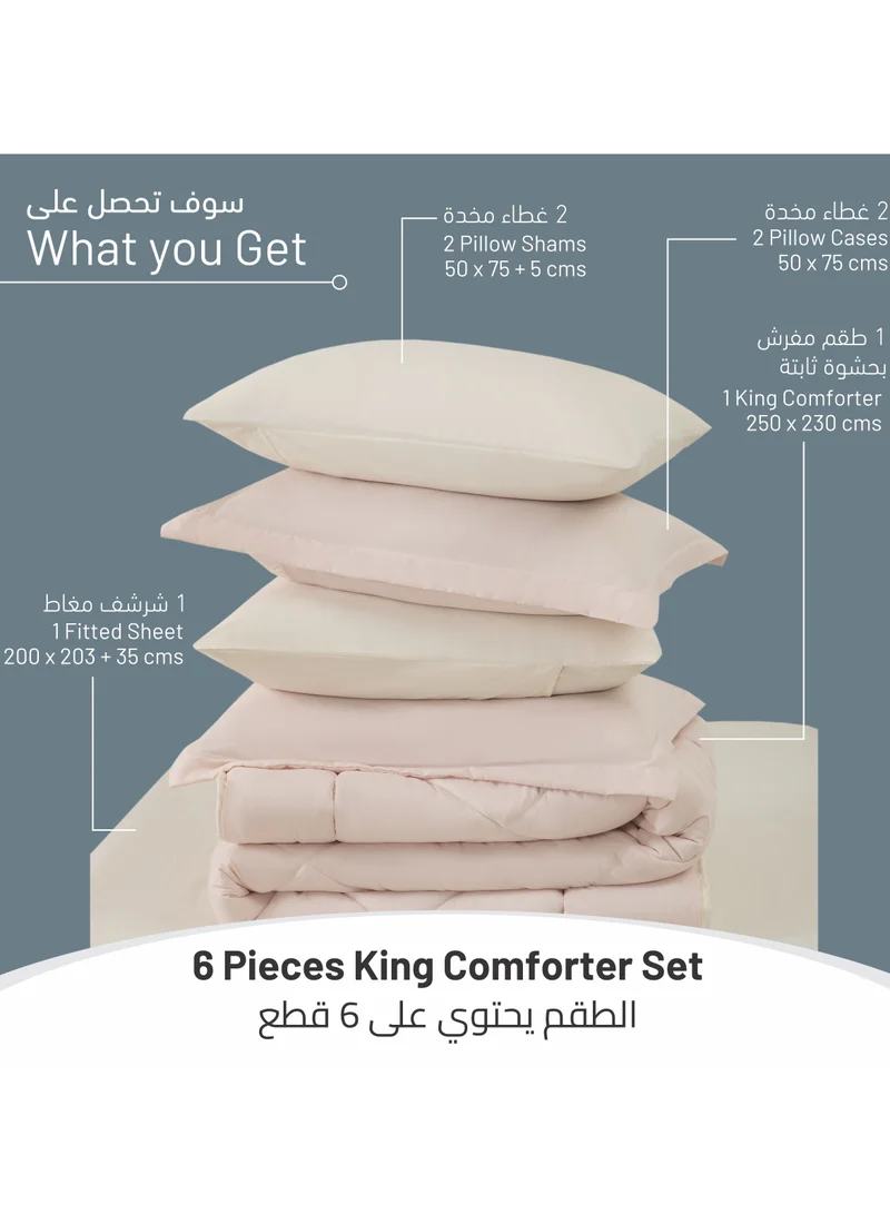 Donetella Comforter Set 6-Pcs King Size All Season Reversible Diamond Quilted Bed Fits(200 X 200 Cm) With 350 GSM Down Alternative Filling, Ivory