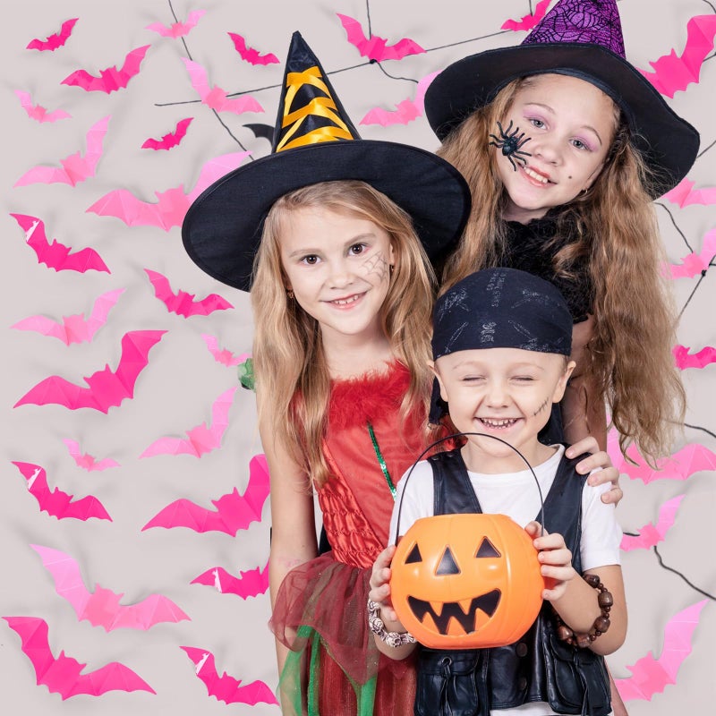 Whaline 112Pcs Halloween Wall Decoration 3D Bats with Foam Adhesive Pink and Rose Red Waterproof Spooky Bats Stickers Hocus Pocus Party Supplies for Halloween Home Wall Window Door Decor  4 Sizes - Image 4