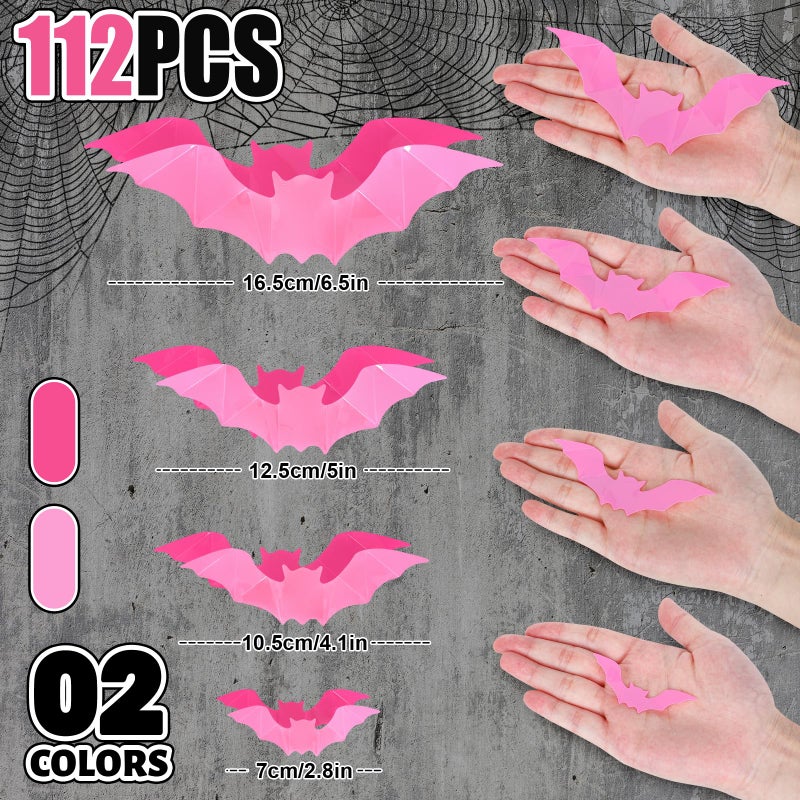 Whaline 112Pcs Halloween Wall Decoration 3D Bats with Foam Adhesive Pink and Rose Red Waterproof Spooky Bats Stickers Hocus Pocus Party Supplies for Halloween Home Wall Window Door Decor  4 Sizes - Image 1
