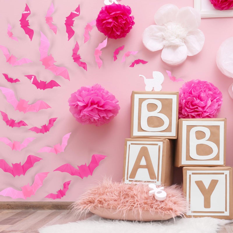 Whaline 112Pcs Halloween Wall Decoration 3D Bats with Foam Adhesive Pink and Rose Red Waterproof Spooky Bats Stickers Hocus Pocus Party Supplies for Halloween Home Wall Window Door Decor  4 Sizes - Image 3