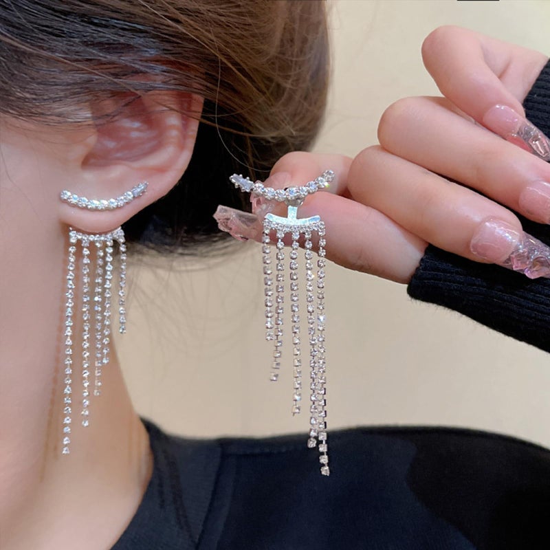 HTH Silver Tassel Prom Earrings Long Sparkly Rhinestone Tassel Dangle Drop Earrings for Women Wedding Jewelry - Image 2
