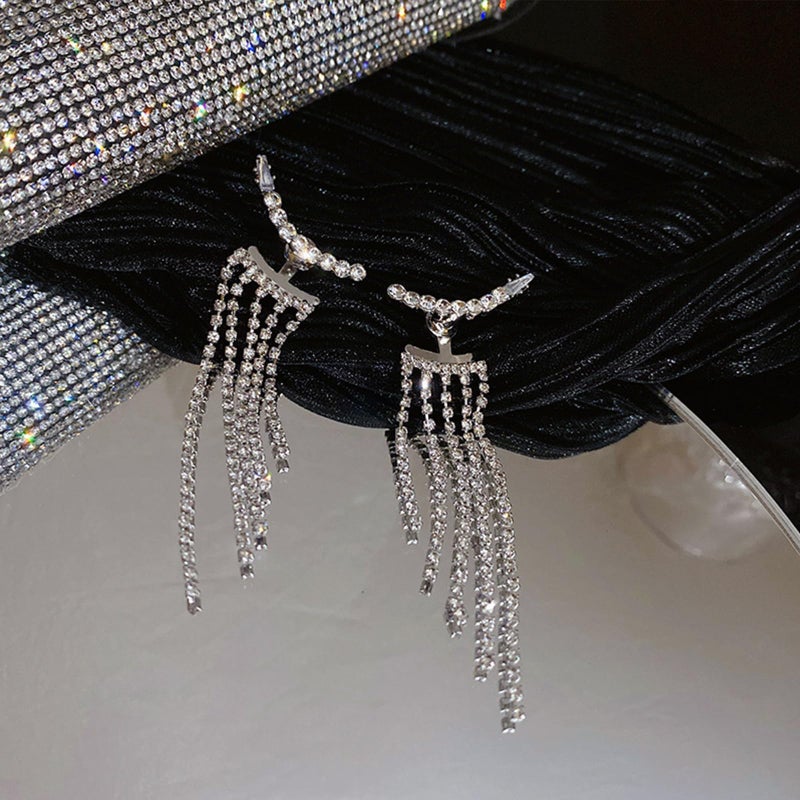 HTH Silver Tassel Prom Earrings Long Sparkly Rhinestone Tassel Dangle Drop Earrings for Women Wedding Jewelry - Image 4