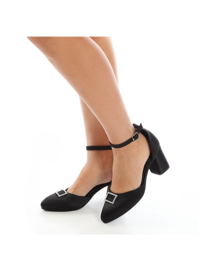 Mr.joe - Women Heeled Sandals With Front Decorative Strass Buckle Black - Image 1