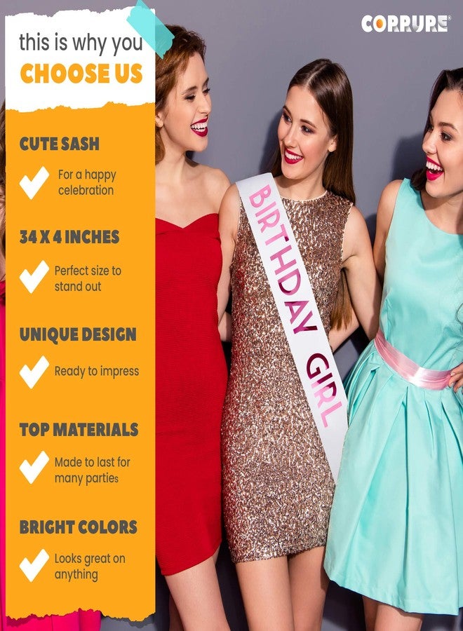 CORRURE 'Birthday Girl' Sash with Pink Foil - Soft Satin White Sash for Women - Happy Birthday Sash for Sweet 16, 18th 21st 25th 30th 40th 50th or Any Other Bday Party - Image 3