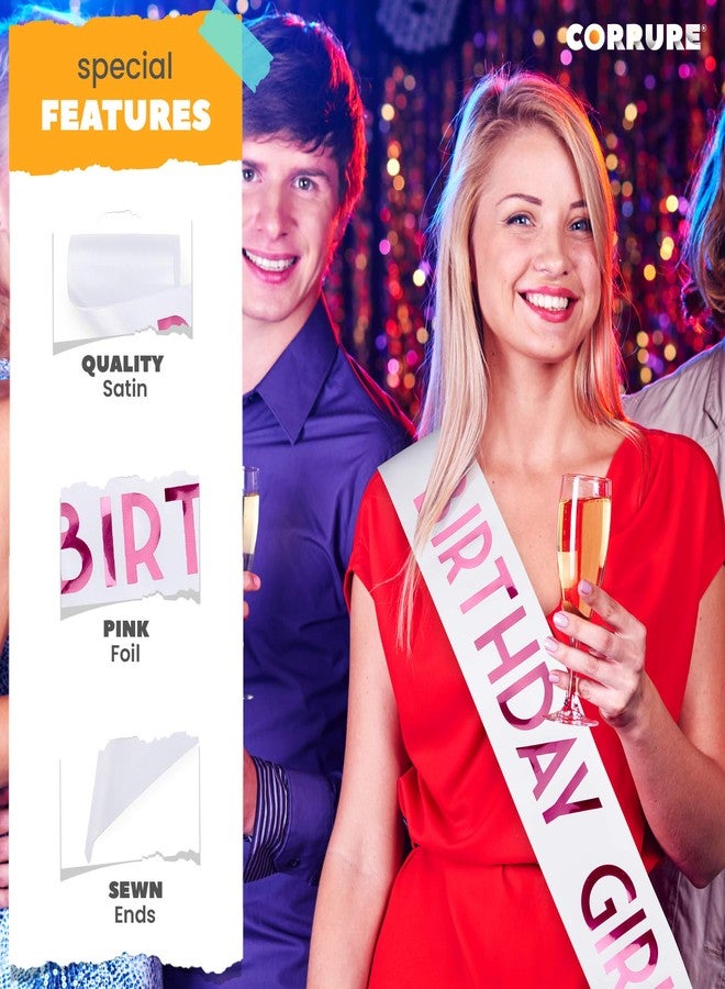 CORRURE 'Birthday Girl' Sash with Pink Foil - Soft Satin White Sash for Women - Happy Birthday Sash for Sweet 16, 18th 21st 25th 30th 40th 50th or Any Other Bday Party - Image 5