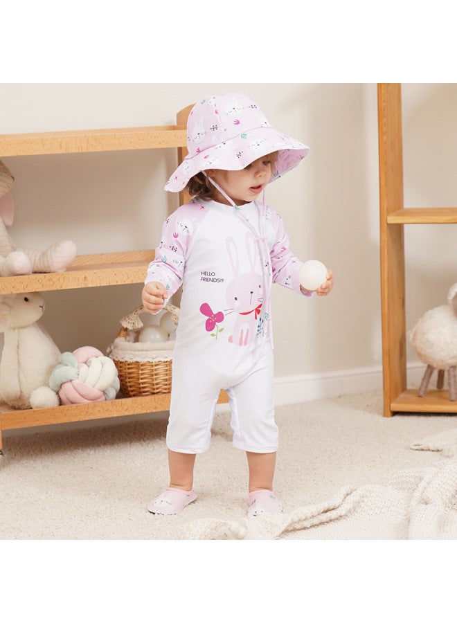 Generic Children's Swimsuit 2024 Boys' And Girls' Baby One-piece Cute Sun Protection Kids' Baby Toddler Swimsuit-Color:348 Powder Rabbit Matching Sun Hat- - Image 1