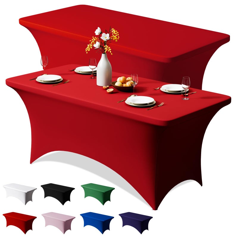 Trlyc 2 Pack 6FT Spandex Table Cloth - 72 x 30 Inch Rectangular Stretch Tablecloth, Wrinkle Resistant Scretch Table Cover for Wedding, Party, Banquet, Picnic, Outdoor Decoration (2Pcs,Red) - Image 1