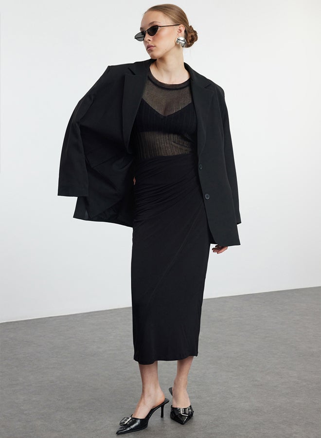 trendyol Black Gathered Drape Detail Maxi Wrap Stretch Skirt - Image 1