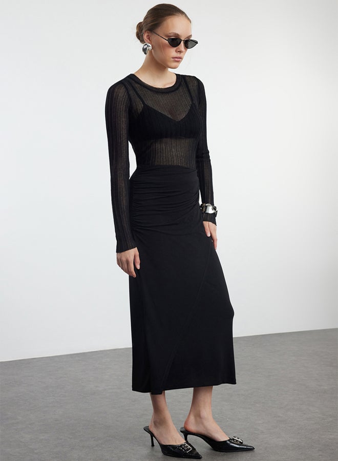 trendyol Black Gathered Drape Detail Maxi Wrap Stretch Skirt - Image 2