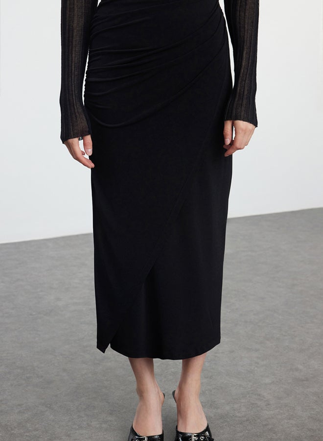 trendyol Black Gathered Drape Detail Maxi Wrap Stretch Skirt - Image 3