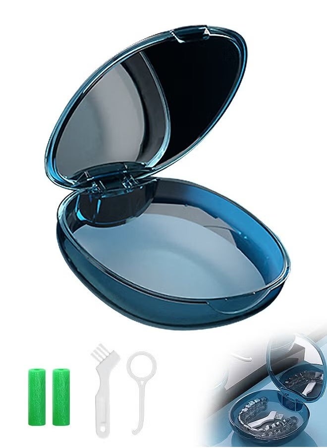 KIIUMI - Teeth Cleaning Box Retainer Storage Box with Leash Chews, Removal Tool, Cleaning Brush, Built-in Mirror Aligner Case, Mouth Guard, Denture Case (Blue) - Image 1