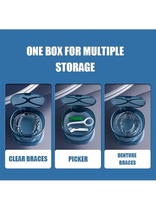 KIIUMI - Teeth Cleaning Box Retainer Storage Box with Leash Chews, Removal Tool, Cleaning Brush, Built-in Mirror Aligner Case, Mouth Guard, Denture Case (Blue) - Image 1