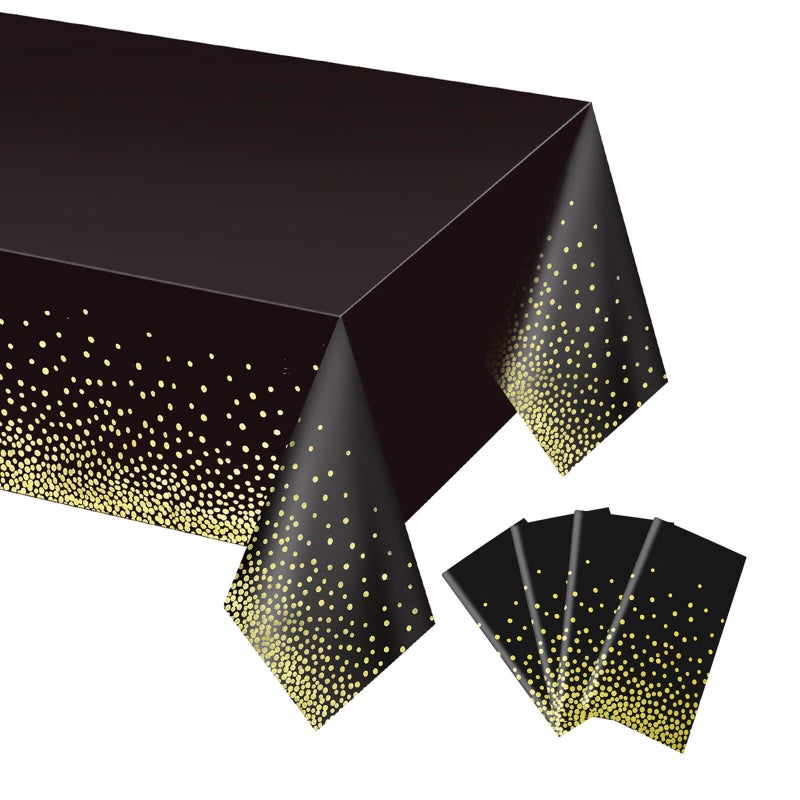 Gexolenu 4 Pack Black and Gold Plastic Tablecloth for Rectangle Tables54 x 108 Party Table Cover for Birthday Table Cloths for Graduation Retirement Party Decoration Class of 2025