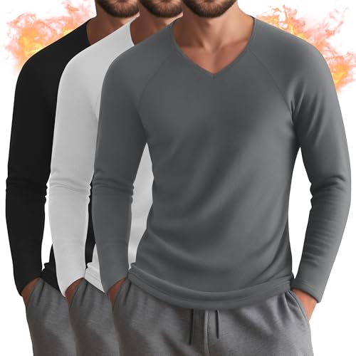 Riyiper 3 Pack Men's Thermal Shirts Long Sleeve Thick T-Shirt V Neck Fleece Undershirts Basic Comfortable Winter Layer Tops(Black, White, Gray,X-Large) - Image 1