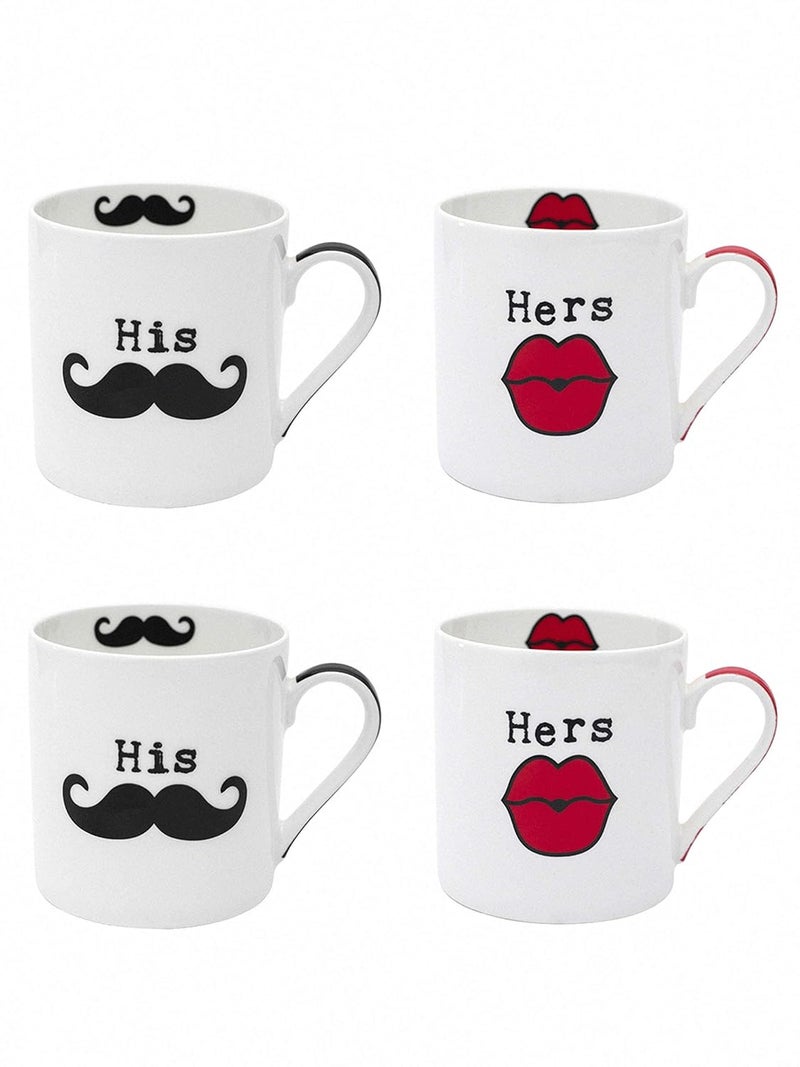 Goodhomes Fine Bone China Tea CupsCoffee Mugs with His n Her Print Set of 4 Cups Made in India - Image 2