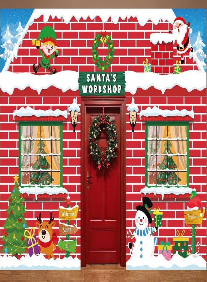 Wiooffen 3Pcs 157" Christmas Santas Red Brick Workshop Door Decorations Large Christmas Porch Banner Xmas Holiday Front Door Window Cover for Xmas Winter Workshop Photo Background for Classroom Home Decor - Image 1