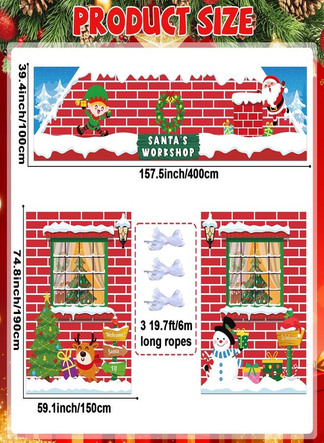 Wiooffen 3Pcs 157" Christmas Santas Red Brick Workshop Door Decorations Large Christmas Porch Banner Xmas Holiday Front Door Window Cover for Xmas Winter Workshop Photo Background for Classroom Home Decor - Image 2
