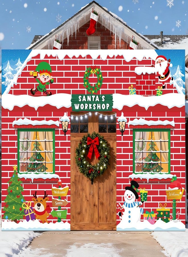 Wiooffen 3Pcs 157" Christmas Santas Red Brick Workshop Door Decorations Large Christmas Porch Banner Xmas Holiday Front Door Window Cover for Xmas Winter Workshop Photo Background for Classroom Home Decor - Image 4