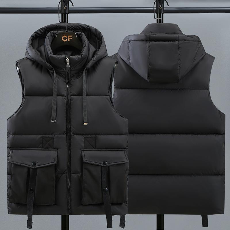 2023 Winter New Men'S Cotton Vest Men'S Detachable Hat Warm And Coldproof Cotton Waistcoat Outer Wear Vest Trendy