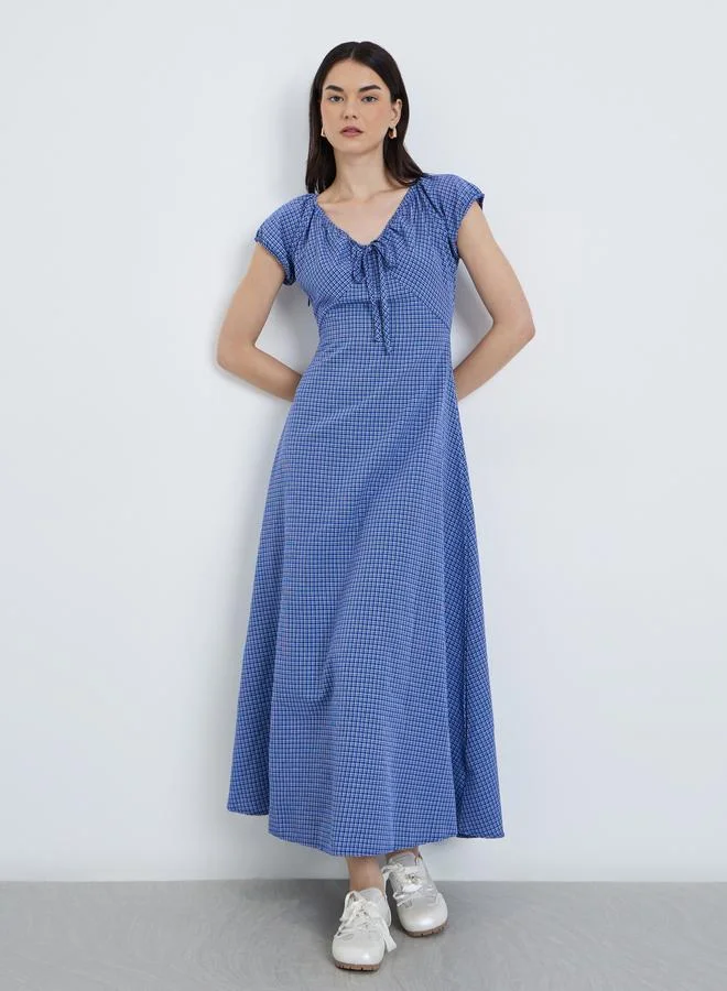 Take Two Take Two Checked Print Tie Up Neck Midi Dress
